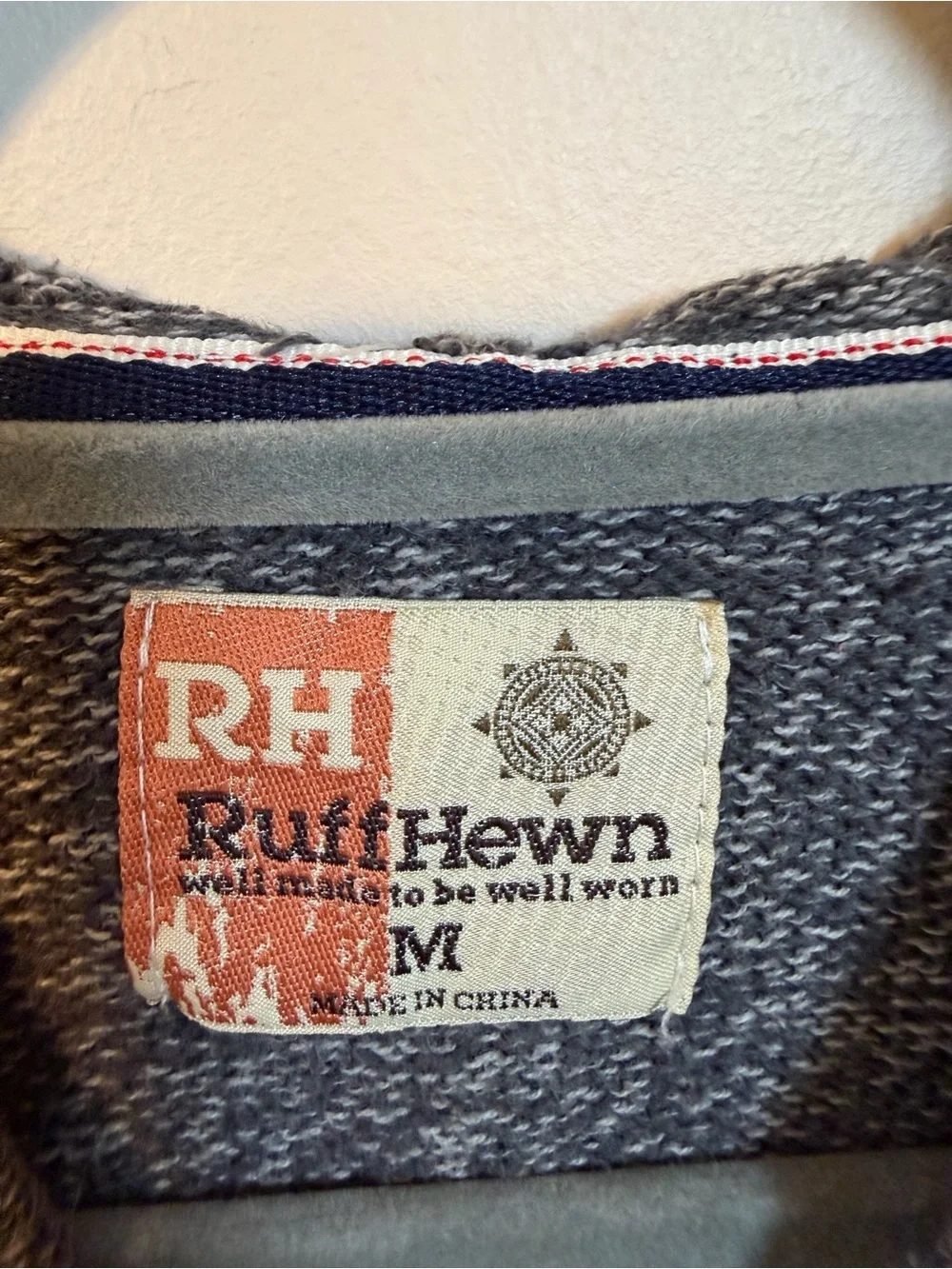 Ruff Hewn Gray Hooded Crewneck Sweater with Red and Navy Stripes